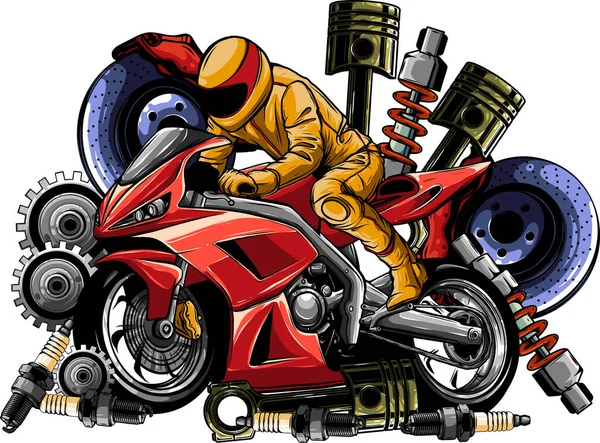 Abbildung Des Motorrads Mit Ersatzteildesign — Stockvektor