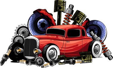 Otomobil motorlu piston direksiyon direksiyonlu direksiyon farları hız göstergesi vites kutusu emici izole edildi.