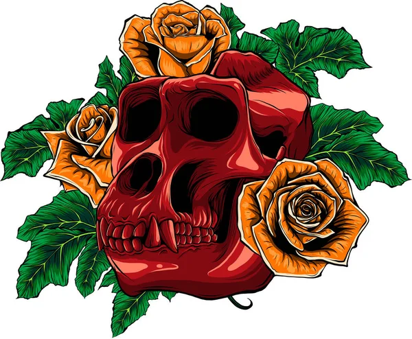 バラのついた猿の頭蓋骨のイラスト — ストックベクタ