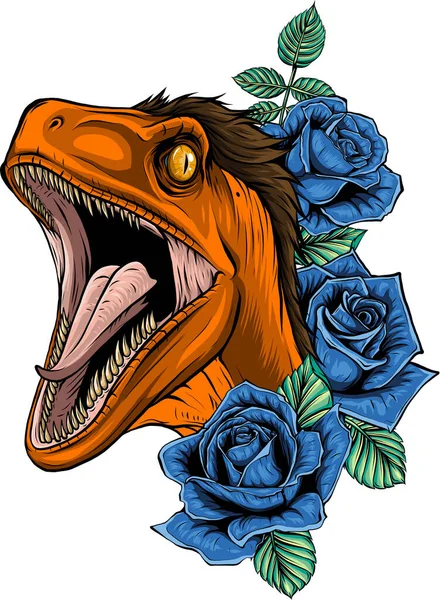 Illustration Velociraptor Huvud Med Rosor Blomma — Stock vektor