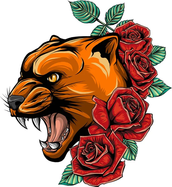 Illustration Tête Puma Avec Des Roses — Image vectorielle