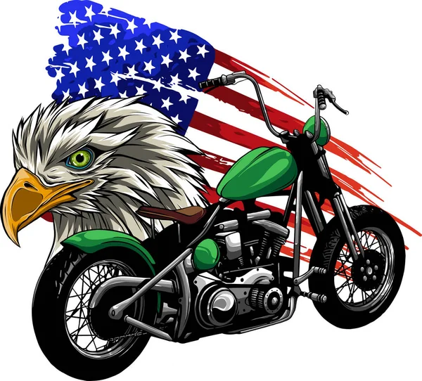 Illustraton Une Moto Avec Aigle Tête Drapeau Américain — Image vectorielle