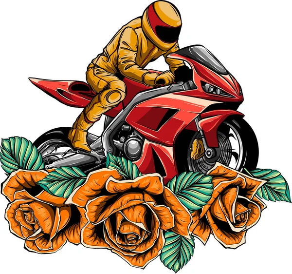 Illustration Sport Moto Avec Des Roses — Image vectorielle
