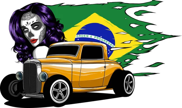 Illustratie Van Aangepaste Hot Rod Met Meisje Braziliaanse Vlag — Stockvector