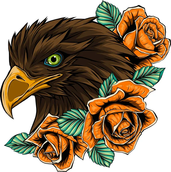 Illustration Head Eagle Red Roses — Stock Vector