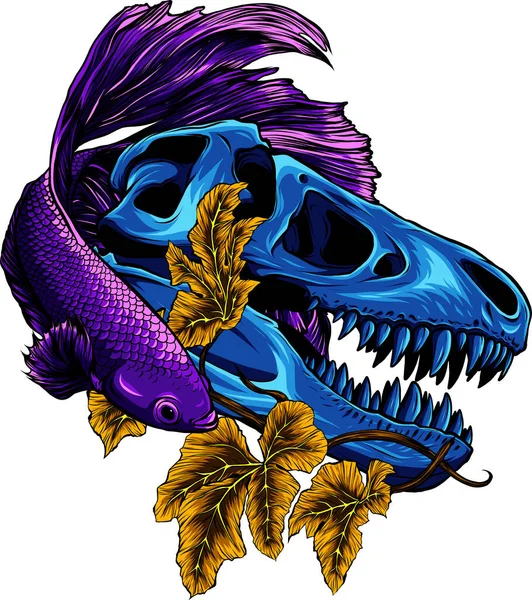 Ilustrasi Tengkorak Rex Dengan Ikan Betta - Stok Vektor