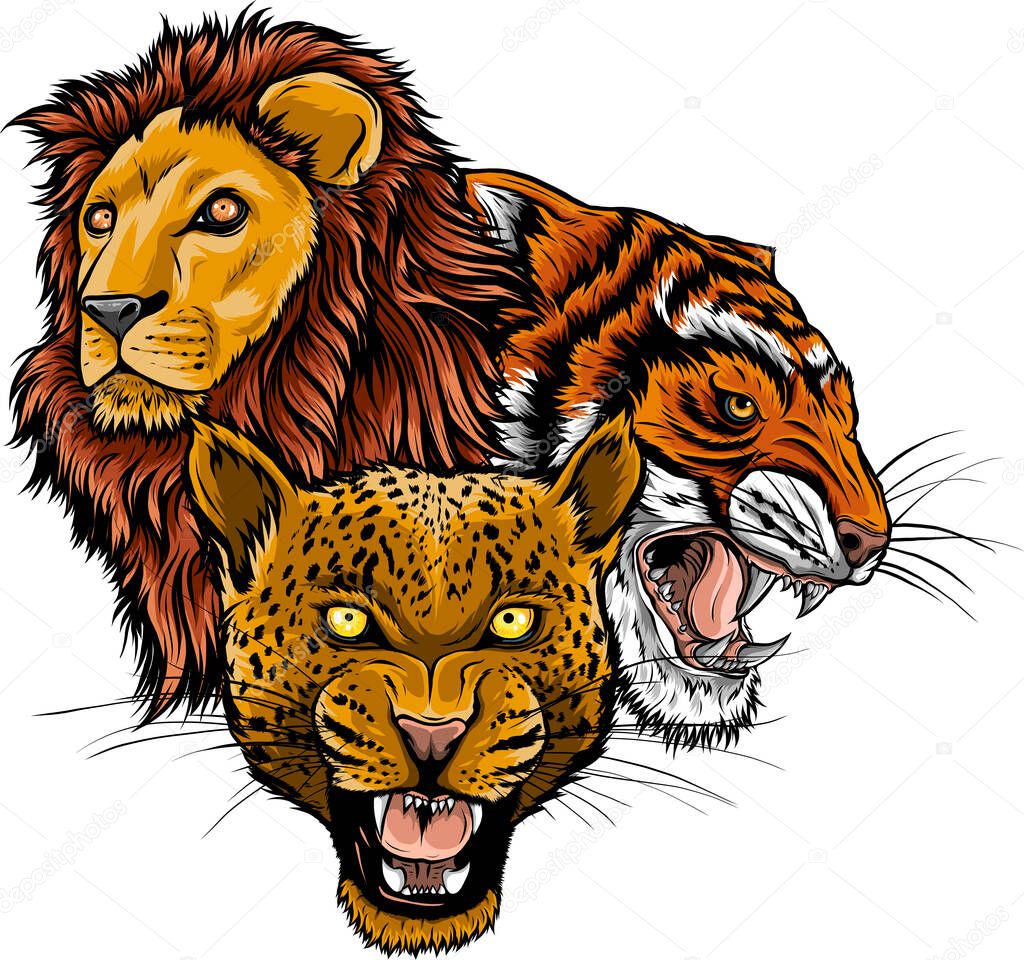 Wild Animals Heads Set. Lion, Tiger, Jaguar, Lynx - Vector Mascot Logo Design