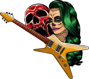 Kafatası ve kız kafasıyla gitarın çizimi