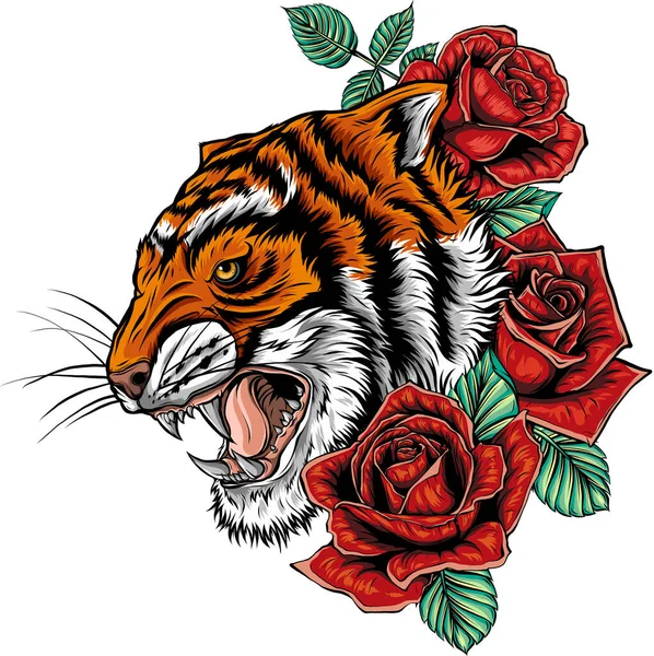 Illustrazione Della Testa Tigre Con Rosa — Vettoriale Stock