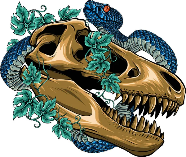 Ilustración Cráneo Dinosaurio Con Serpiente Hojas — Vector de stock