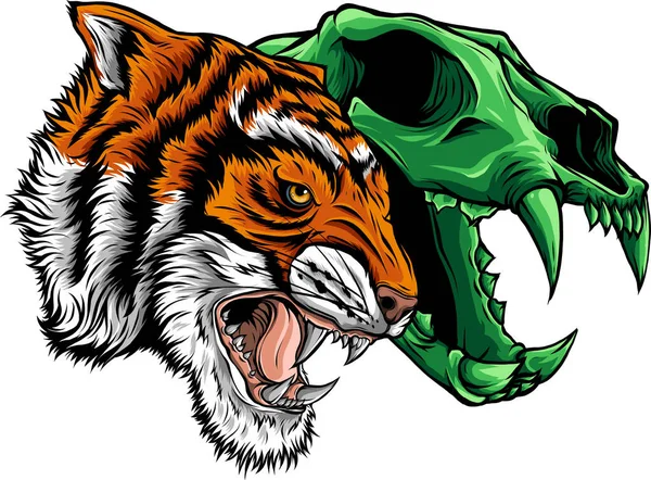 Illustrazione Della Testa Tigre Con Teschio — Vettoriale Stock