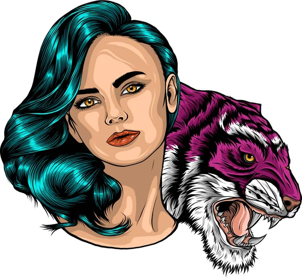 Illustration Une Femme Aux Cheveux Longs Tête Tigre Sauvage Rugissante — Image vectorielle