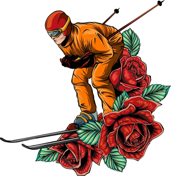 Illustration Skieur Avec Des Roses Sur Fond Blanc — Image vectorielle