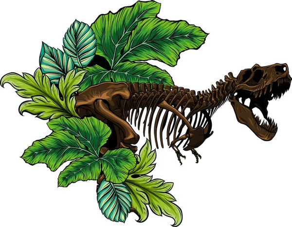 Ilustración Tyrannosaurus Rex Esqueleto Dinosaurio Con Hojas — Archivo Imágenes Vectoriales