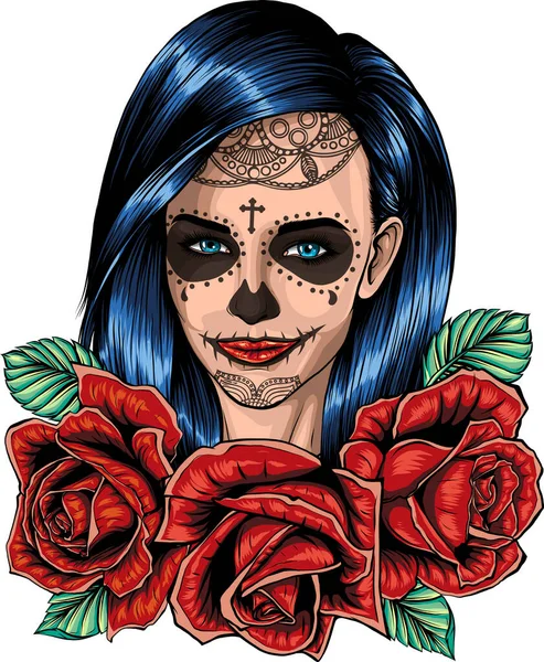 Illustration Crâne Femme Avec Des Roses — Image vectorielle