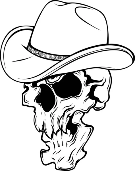 Illustration Crâne Cowboy Monochrome Sur Fond Blanc — Image vectorielle