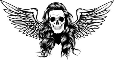 Kanatlı el çizimi kafatası. Vektör çizimi, dövme çizimi, amblem.