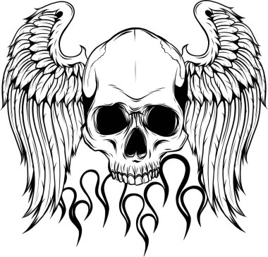 Kanatlı el çizimi kafatası. Vektör çizimi, dövme çizimi, amblem.