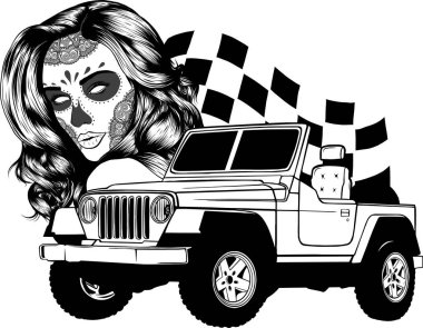 Tek renkli off-road arabasının kadın kafatası ve yarış bayrağıyla çizimi