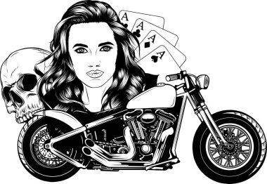 vector head girl on motorcycle, monochrome vintage illustration on white background. clipart