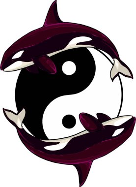 Yin Yang sembolünün etrafında iki katil balinanın resmi.