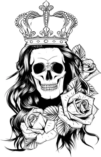 女王的骷髅手绘图解 纹身古色古香皇冠 玫瑰和骷髅草图插图 矢量打印 骷髅上的皇冠 — 图库矢量图片