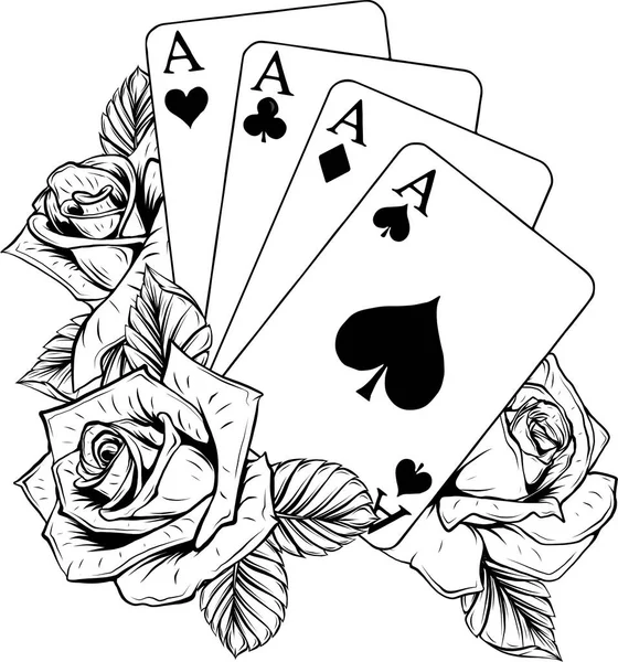 Illustrazione Assi Poker Monocromatici Con Rose — Vettoriale Stock