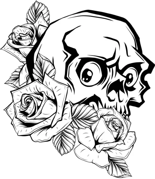 Gül Çiçekleri Izole Edilmiş Vektör Illüstrasyonlu Klasik Insan Kafatası Dövmesi — Stok Vektör