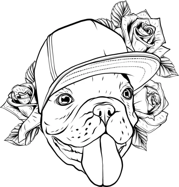 Dibuja Mano Retrato Pug Con Una Corona Flores Ilustración Vectorial — Vector de stock