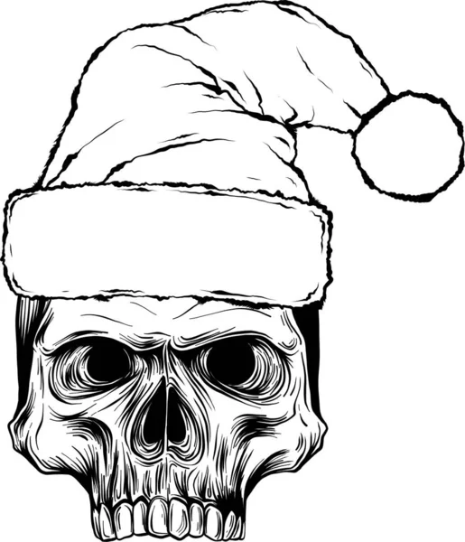 Dessin Contour Monochrome Crâne Père Noël Horreur Avec Chapeau — Image vectorielle