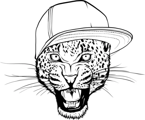 Ilustración Cabeza Leopardo Monocromo Con Sombrero — Vector de stock