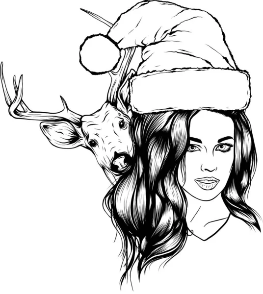 Krásná Dívka Santa Claus Oblečení Vánoční Plakát Vektorová Ilustrace — Stockový vektor