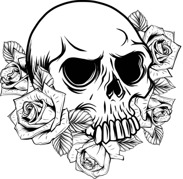 Illustration Des Monochromen Totenkopfes Mit Rosen Blumen — Stockvektor