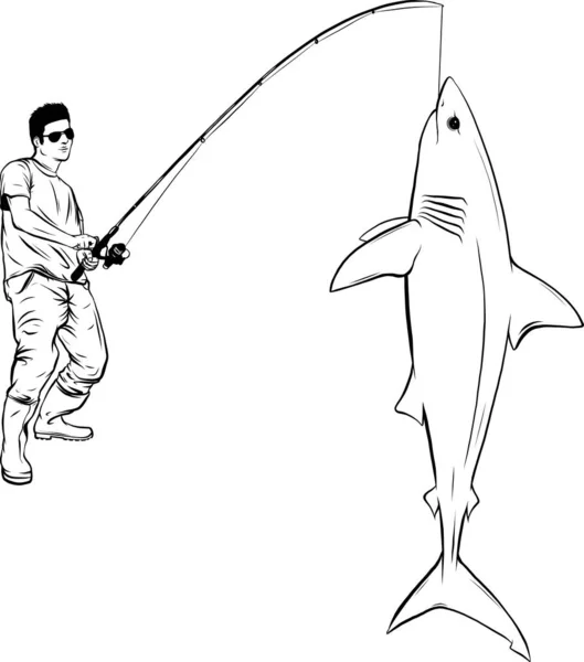 Halászcímke Egy Cápával Egy Halásszal — Stock Vector