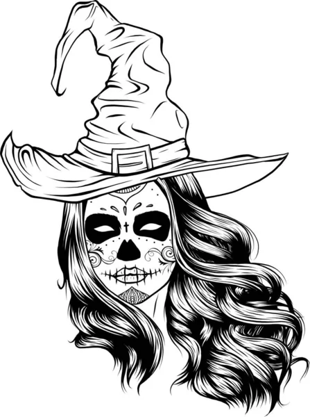 头戴经典帽子的单色漂亮化妆品骷髅巫婆 — 图库矢量图片