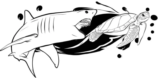 Ataque Tubarão Monocromático Vetor Tartaruga Marinha — Vetor de Stock