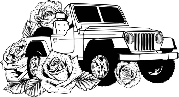 Illustration Eines Monochromen Geländewagens Mit Rosen — Stockvektor