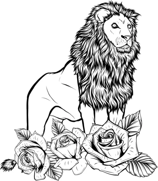 Illustration Lion Monochrome Avec Rose Sur Fond Blanc — Image vectorielle