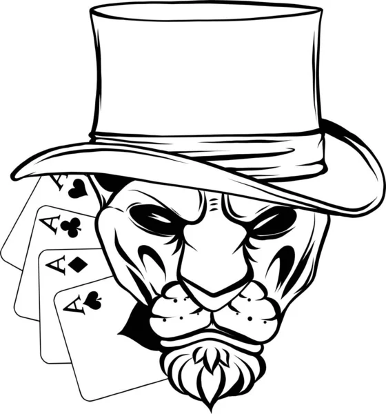 Lion Avec Chapeau Cylindre Cartes Poker — Image vectorielle