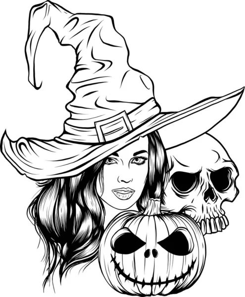 Illustration Monochrome Witch Skull Pumpkin — Stock Vector