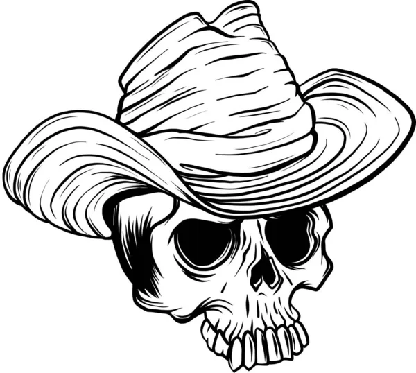 Illustration Crâne Cowboy Monochrome Sur Fond Blanc — Image vectorielle