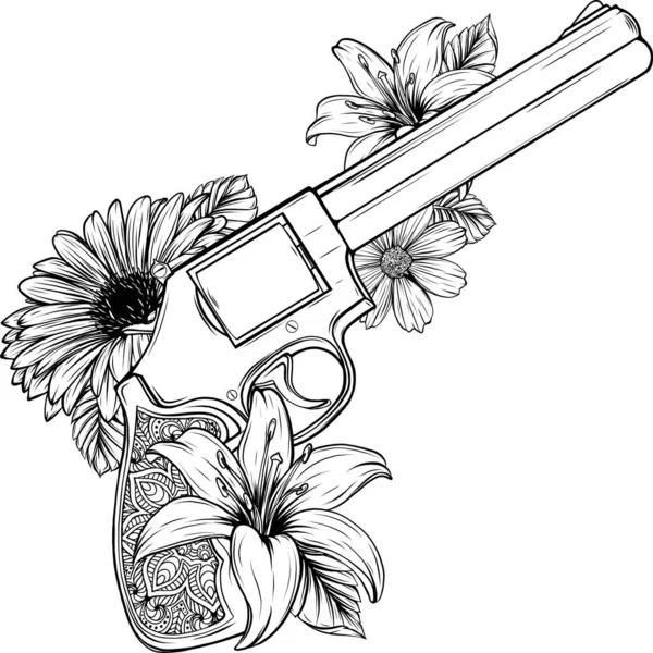 Illustrazione Vettoriale Pistole Sul Fiore Ornamenti Floreali Con Stile Disegno — Vettoriale Stock