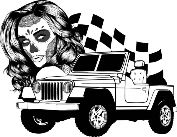 Ilustração Monocromático Road Car Com Mulher Crânio Raça Bandeira — Vetor de Stock