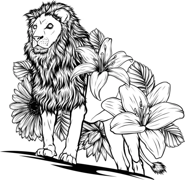 Illustrazione Leone Monocromatico Con Fiore Sfondo Bianco — Vettoriale Stock