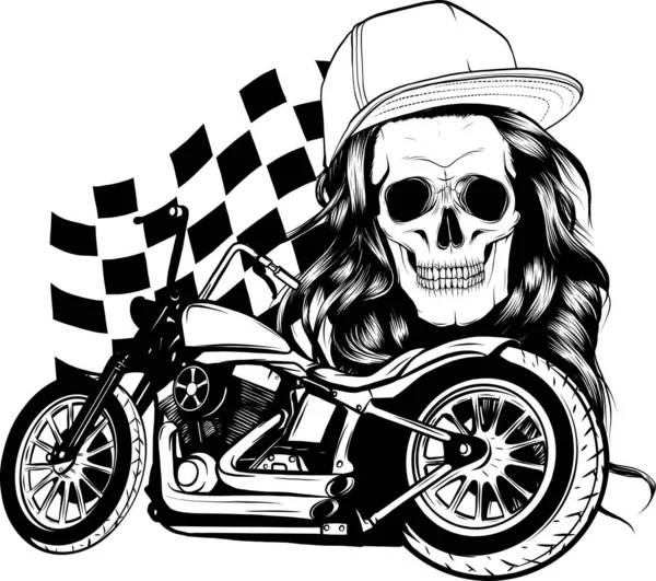 Illustrazione Monocromatica Moto Personalizzate Con Teschio Donna Bandiera Corsa — Vettoriale Stock