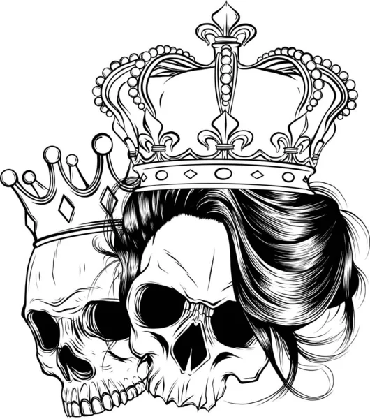 Ilustración Cráneo Monocromo Rey Reina — Archivo Imágenes Vectoriales
