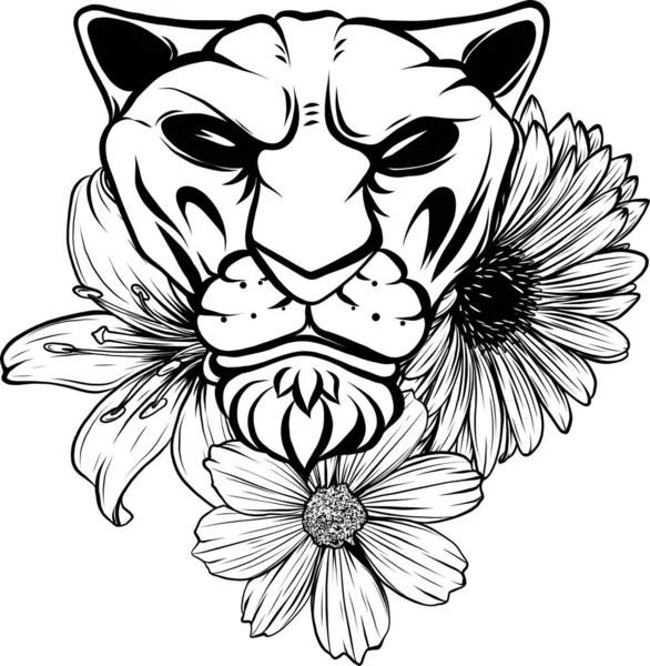 Illustration Lion Monochrome Avec Fleur Sur Fond Blanc — Image vectorielle