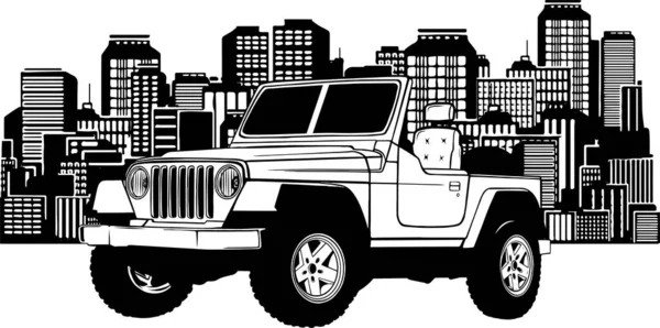 Immagine Una Jeep Fronte Una Grande Sagoma Della Città Illustrazione — Vettoriale Stock