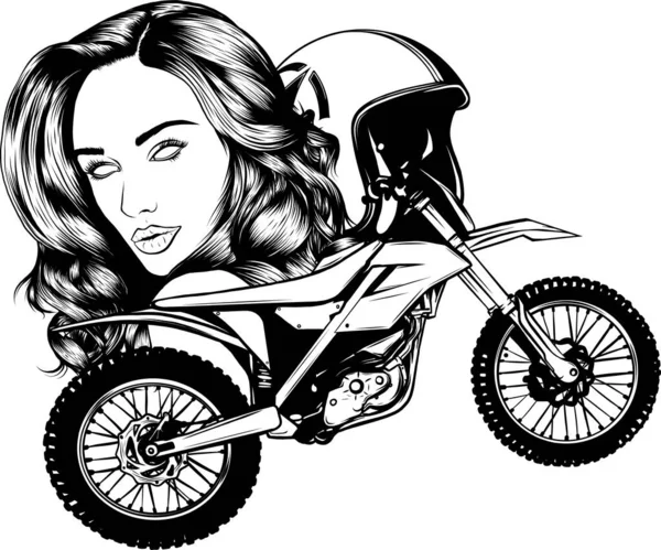 Vecteur Monochrome Motocross Avec Tête Fille Casque — Image vectorielle