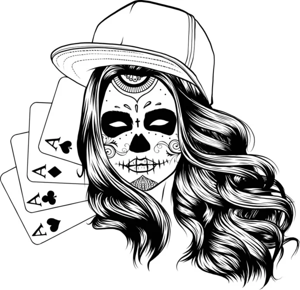 Poker Kort Med Flicka Makeup Skalle Vektor Illustration — Stock vektor
